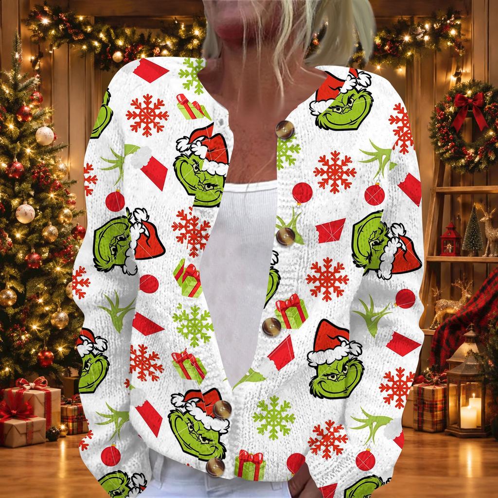 Women's Casual Long Sleeve Knit Cardigan with Button Front and Novelty Print