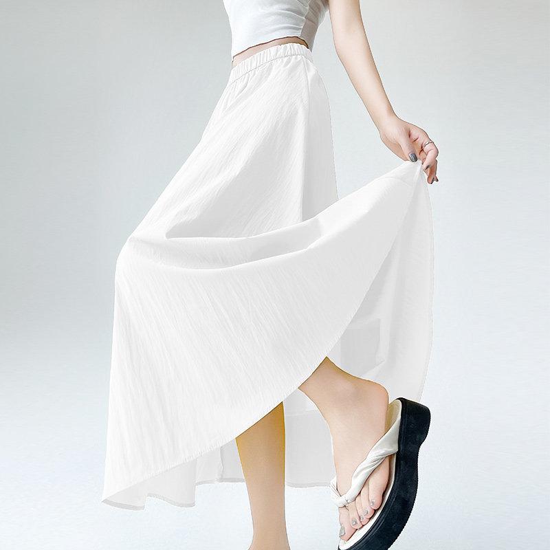 Women's Yellow High-Waist Ice Silk Pleated Long Skirt - Summer A-Line Slimming Design
