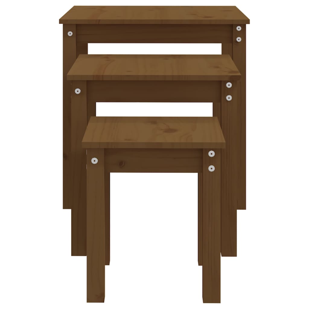 3 Piece Nesting Tables Set Honey Brown Solid Pine Wood