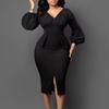 JKASHDK Women's Fashion Autumn Winter Solid Color Print Long Sleeve V-Neck High Waist Casual Cocktail & Evening Dresses