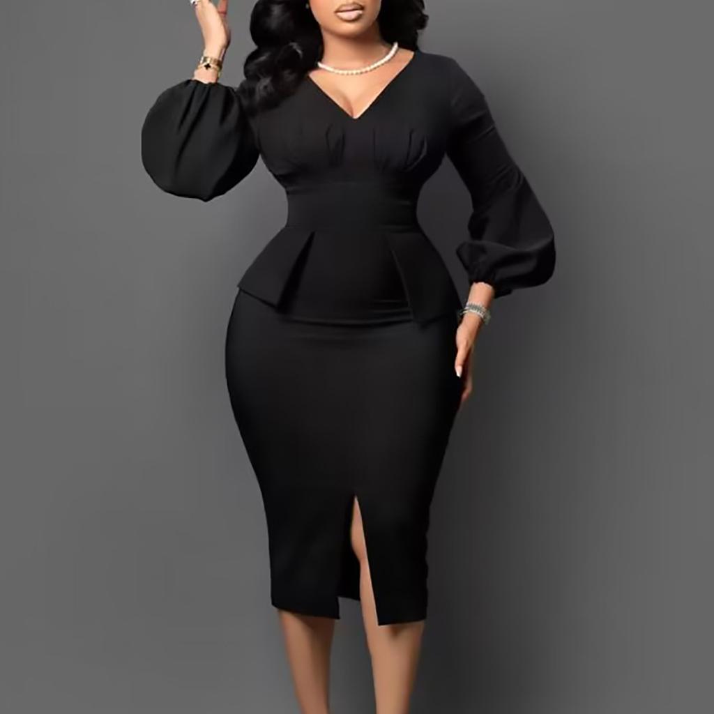 JKASHDK Women's Fashion Autumn Winter Solid Color Print Long Sleeve V-Neck High Waist Casual Cocktail & Evening Dresses