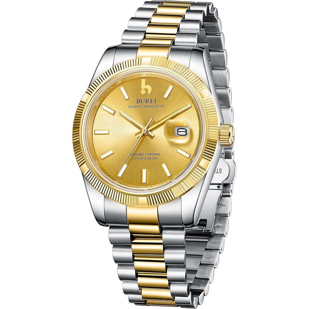 BUREI Men's Analog Quartz Watch Waterproof Business Fashion Simple Golden Silver Night Glow Timepiece