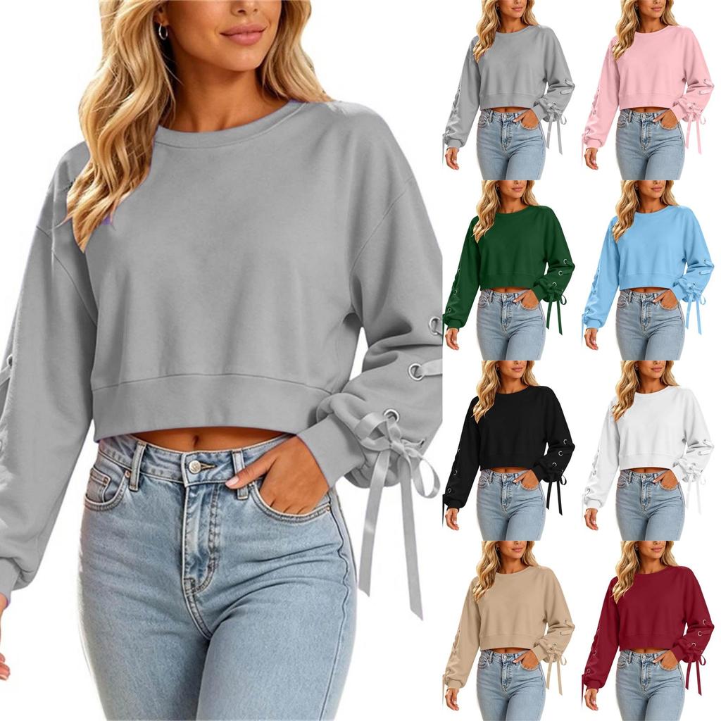 Women's Casual Pullover Sweatshirt Long Sleeve Crew Neck Lace-Up Sleeve Crop Top Lightweight Soft Fabric