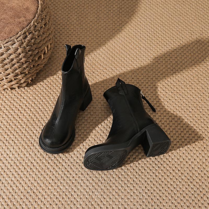 Small height-increasing boots women's autumn and winter thick-heeled short boots autumn and winter white high-heeled boots leather boots Martin boots