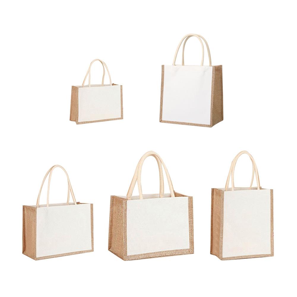 Women Burlap Jute Tote Bag Reuseable Canvas Top-handle Jute Handbag Contrast Color Ladies Outdoor Handbag