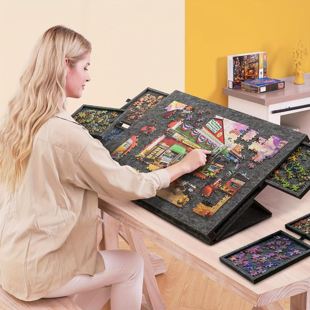 7pcs 6-Drawer Puzzle Board & Organizer with Felt Surface, Portable, Converts To A Desktop Display Stand, Decorative