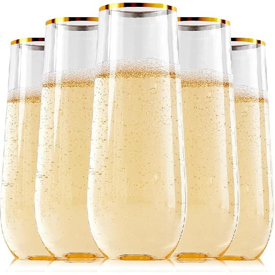 FOCUSLINE 24 Pack 9 Oz Clear Plastic Champagne Flutes, Stemless Plastic Champagne Glasses Clear, Heavy Duty Toasting Glasses, Shatterproof and Gold Rim Plastic Champagn