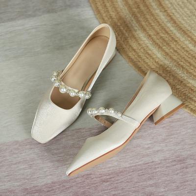 Fu Size, Thick Heel Single Shoes Women's New Spring Shoes Pearl Belt Belt Satin Square Head Low Heel Casual Women's Shoes