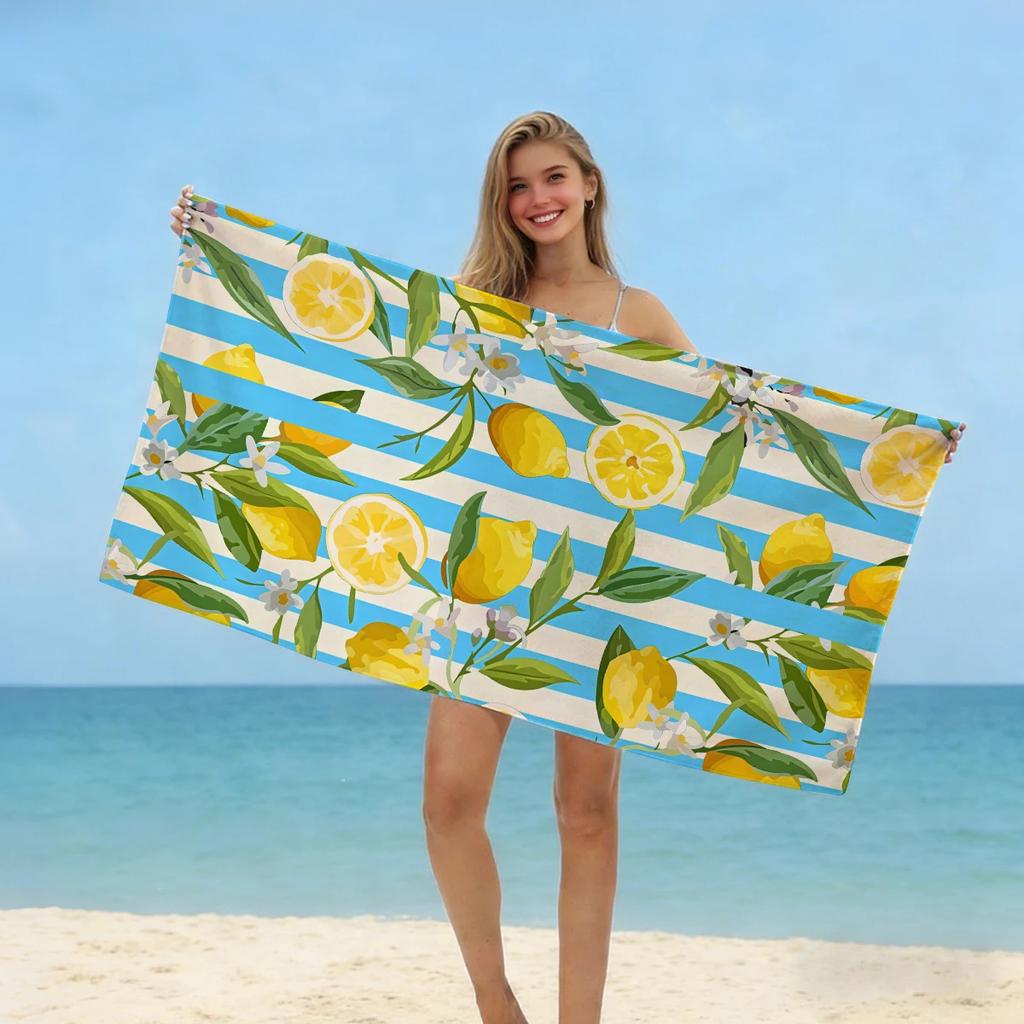 Lemon Citrus Print Beach Towel, Microfiber Soft Absorbent Quick Dry, Oversized for Beach Pool Travel, Summer Fruit Bath Towel
