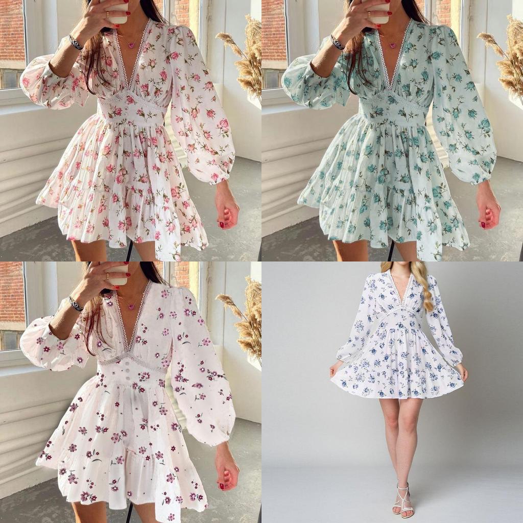 Spring Elegant Floral V Neck Lace Short Dress For Women With Puff Sleeves