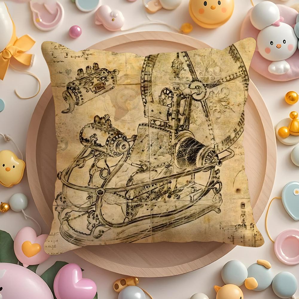 Da Vinci Inspired Sketches Cushion Cover Plush Fabric Soft Double-Sided Printed Sofa Warm Winter Home Gift Pillow Cover