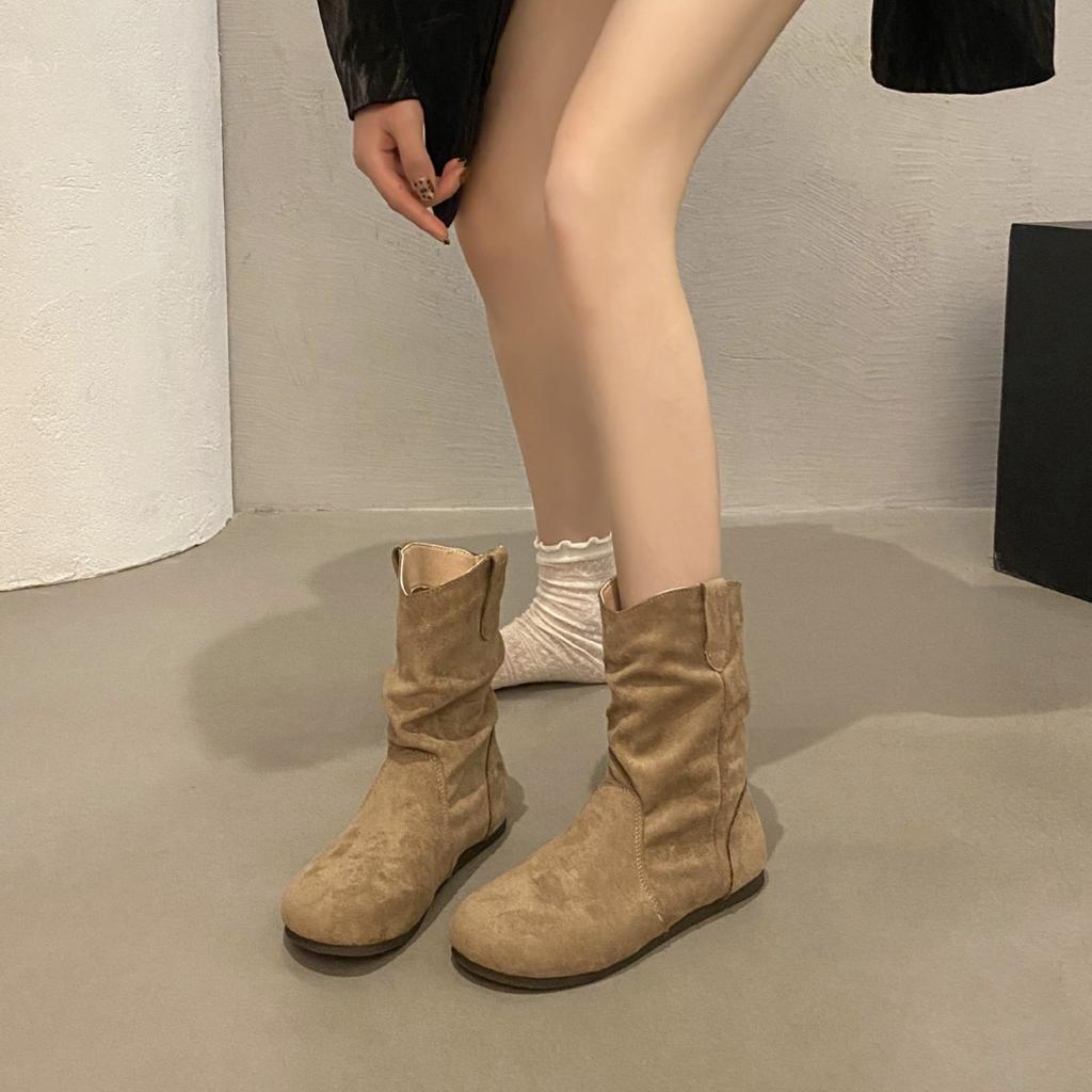 Soft-soled inner height-increasing short boots women's western boots spring slimming one-pedal round-head stacking boots retro Martin boots