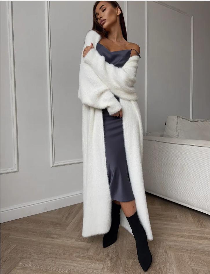 Women's Fluffy Faux Mink Knit Cardigan Coat - White, Autumn/Winter Loose Fit