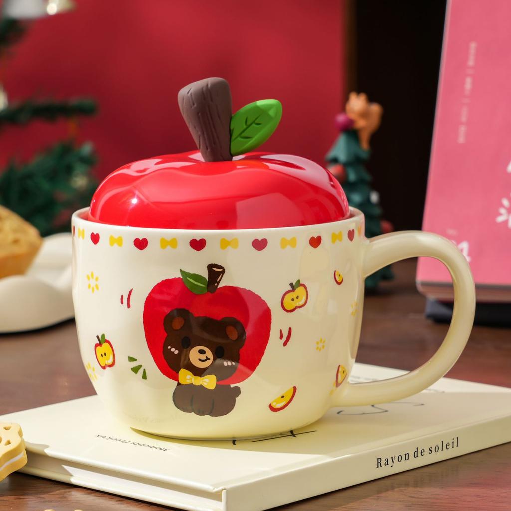 Högvärdig Apple-mugg med lock Mugg Jul Keramisk mugg Handritad tecknad söt Kaffekopp Souvenir