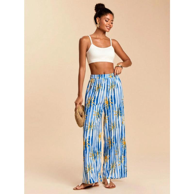 Women S High Waisted Printed Wide Leg Pants Loose Casual Long Trousers Beach Vacation Style
