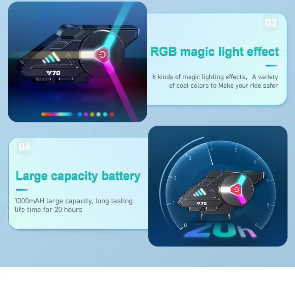 2026 Y70 Motorcycle Bluetooth Helmet Headset Earphone Colorful Lights IPX6 Waterproof Dual Connection Support for 2 Phones