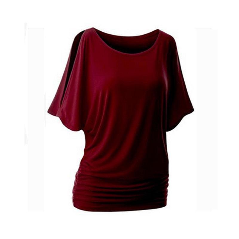 Dámské tričko nadměrné velikosti s odhalenými rameny, netopýřími rukávy a kulatým výstřihem - Vícebarevné