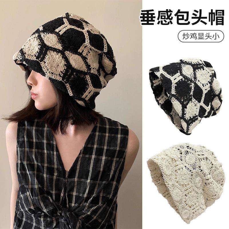 Autumn And Winter Handmade Crochet Black And White Knitted Hat Children'S Casual Versatile Stacking Hat Showing The Face Small Hollow Bag Head Hat
