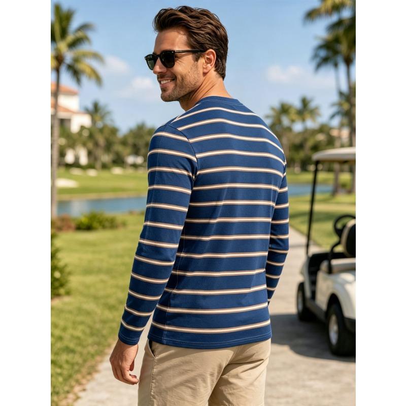 Men's casual round neck long sleeve T-shirt with khaki and white horizontal stripes, soft and breathable sports fit autumn street top