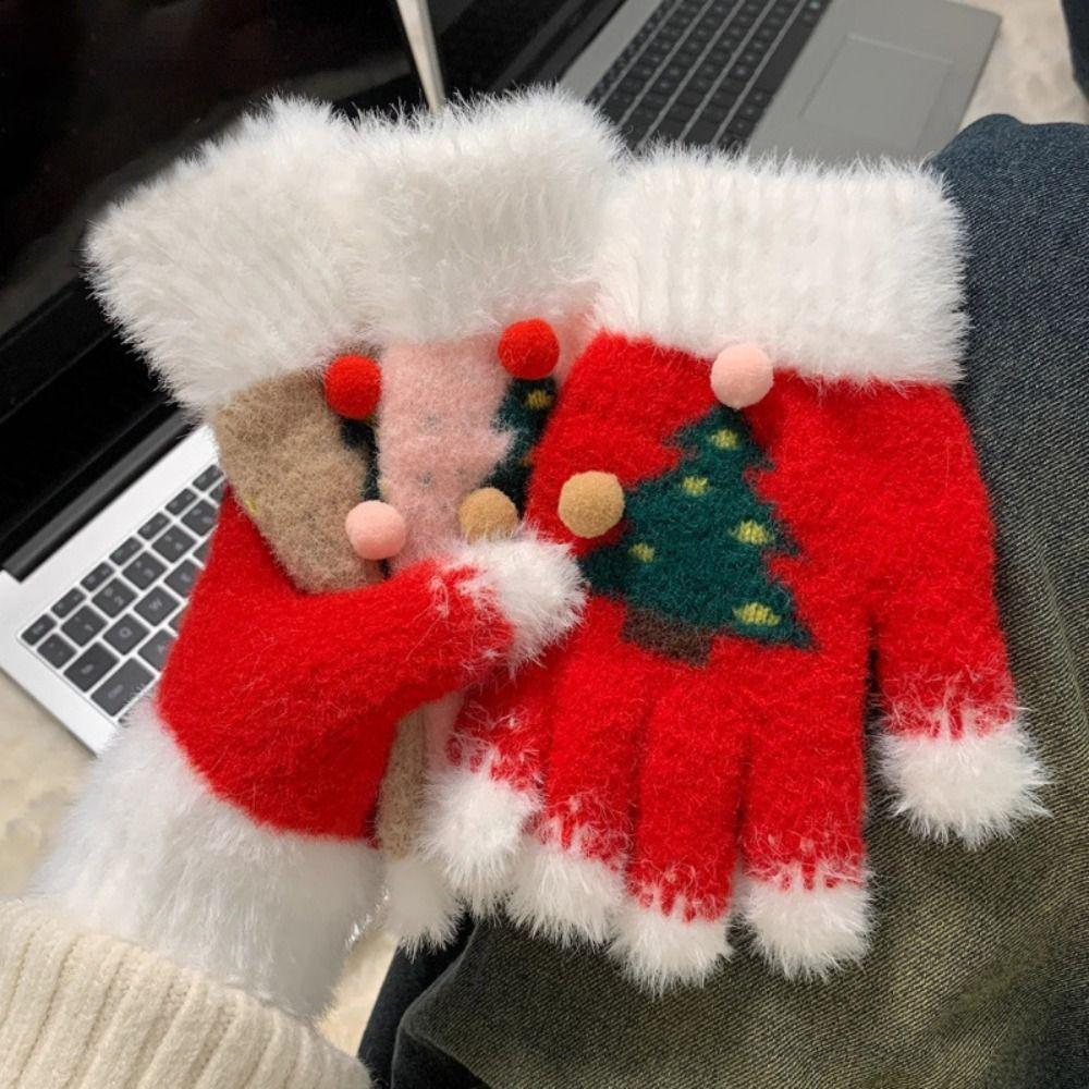 Elastische Kinder Winterhandschuhe Warme Plüsch Fünffingerhandschuhe Stilvolle Weihnachtsbaumhandschuhe Frauen