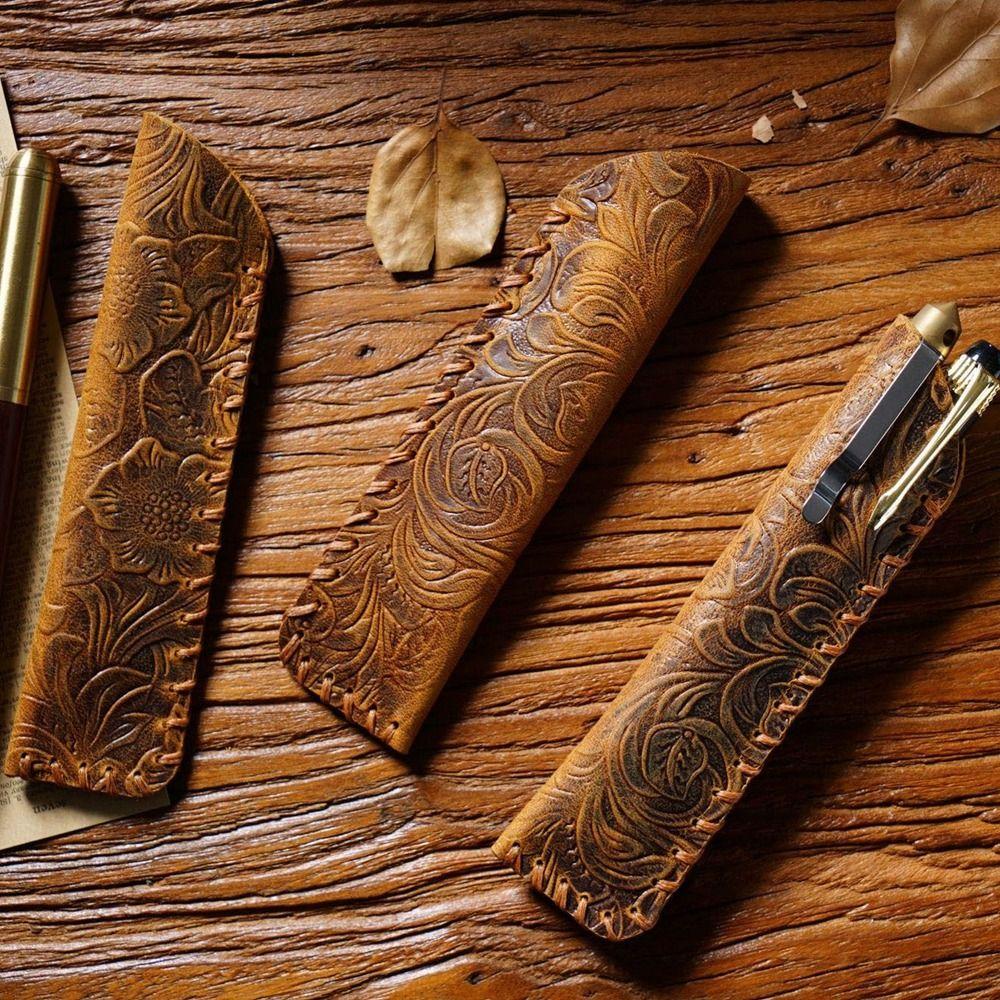 Handmade Retro Pen Case 150mm*40mm Stationery Creative Pencil Cover Genuine Leather Pen Protective Cover Pen Protective Cover