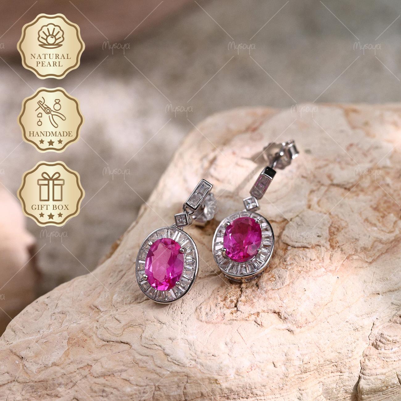 

Mysoya S925 Silvery Minimal Stud Earrings Natural Pink Topaz 6x8mm 2.85ct Gift Box Valentine’s Day Birthday Gift For Her рожевий
