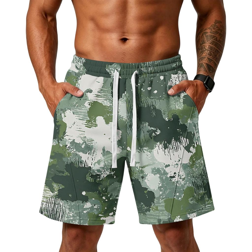 Herren lockere Camouflage-Print Sport Trainings Gym Strandshorts mit Taschen Elastischer Bund und Kordelzug für Outdoor-Aktivitäten