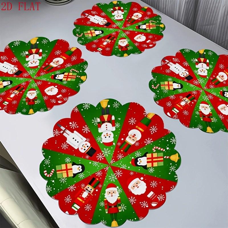 Linen Round Placemats, Santa Sleigh Winter Design, Washable Stain Resistant Easy Clean, Holiday Dinner Decor