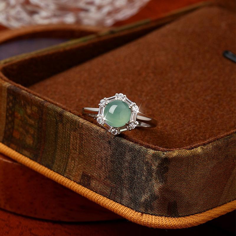 Sterling Silver S925 Ring Female Sunflower Egg Surface Natural Blue Water Jadeite Niche High-end Adjustable Ring