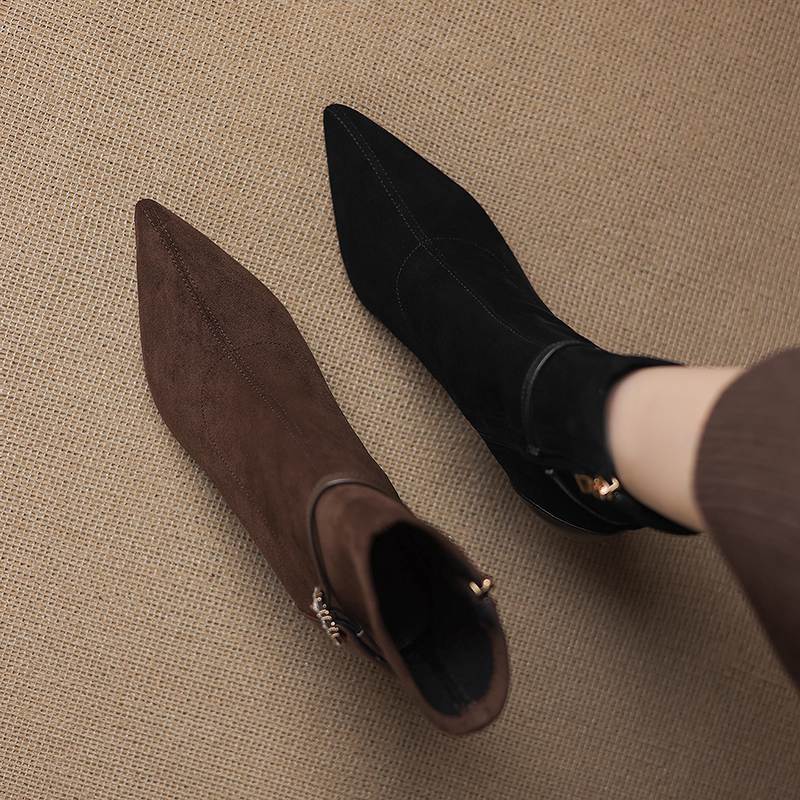 Krazing Pot Flock Pointed Toe Thin High Heels Modern Boots Size 42 Zip Plus Size Crystal Buckle Women Elastic Ankle Boots