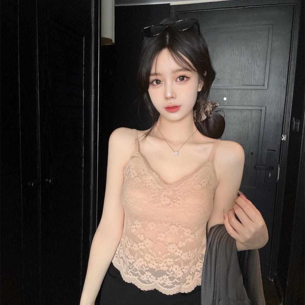 #Summer new pure desire wind V-neck lace dispensing splicing ice silk vest female slim one-piece with chest pad