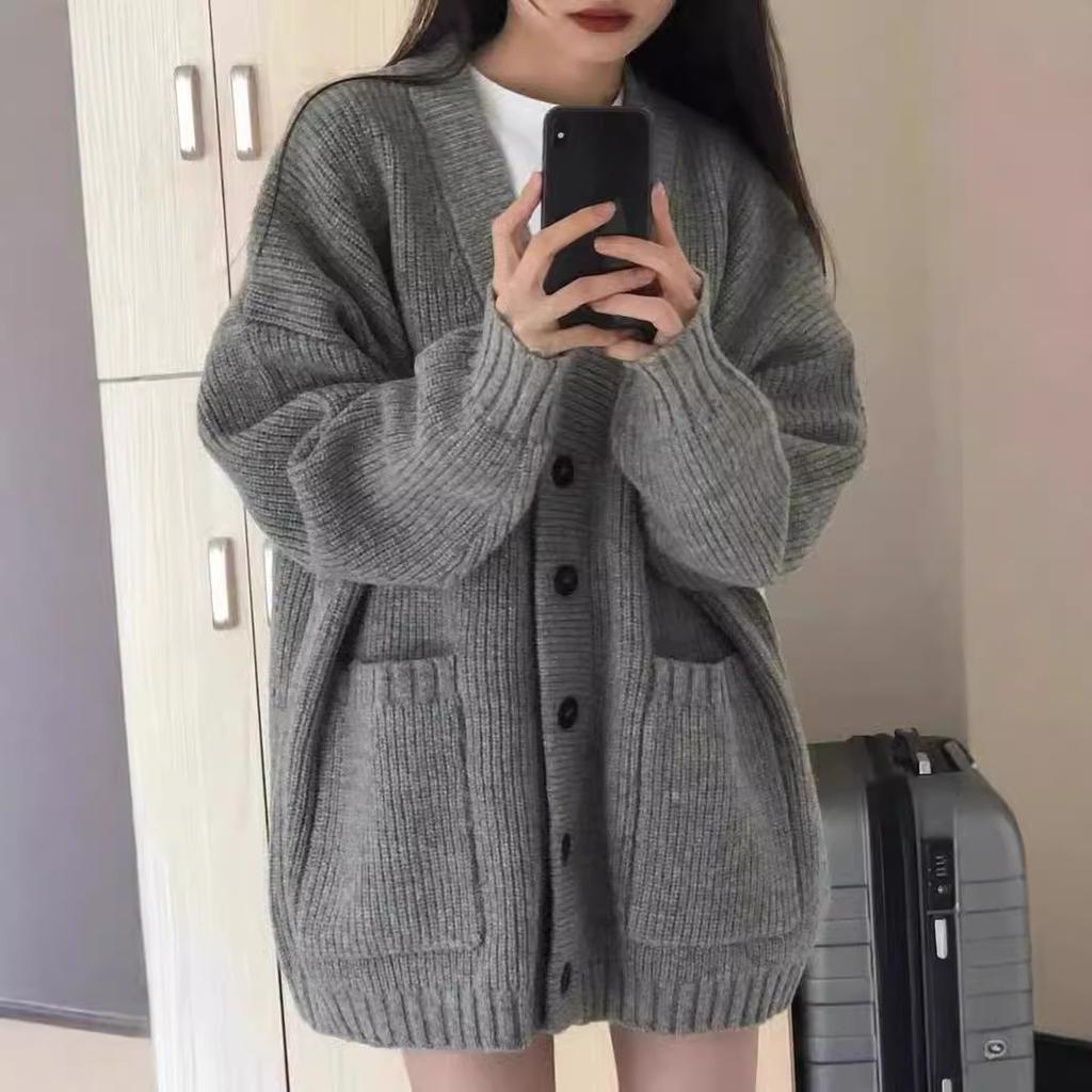 Sweater Cardigan Women's Knitted Jacket Autumn and Winter College Style Students Loose Collar Versatile Solid Color