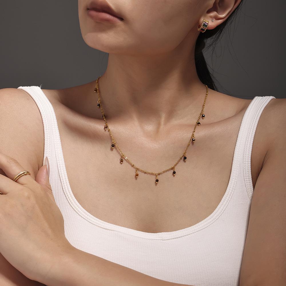 Qiong Yao Handmade Natural Stone Beads Double Layer 18K Gold Plated Choker Necklace for Women