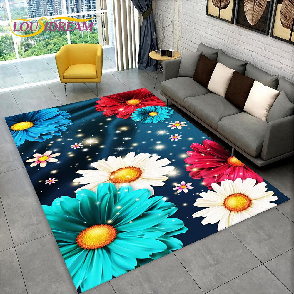 3D Nordisk Luksus Blomst Rose Områdeteppe Stort, Teppeteppe for Hjem Stue Soverom Sofa Dørmatte Dekor, Sklisikre Gulvmatter for Barn