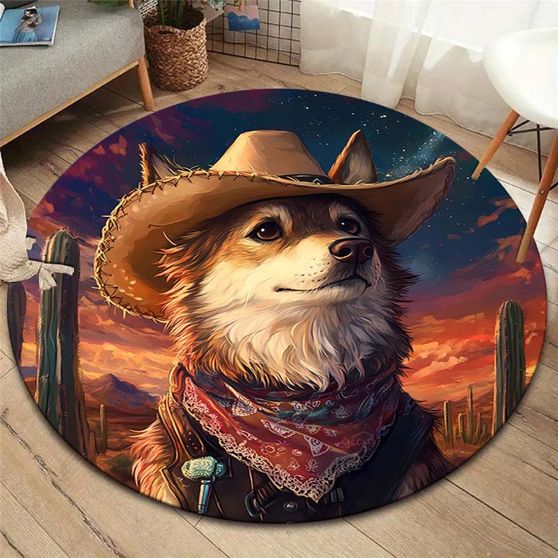 Cool animal cowboy styleRound Area Rug,Carpet Rug for Living Room Bedroom Sofa Playroom Decor,Non-slip Floor Mat