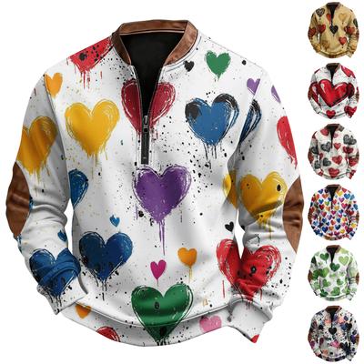 Men's Casual, Trendy, Retro American Heart,shaped Printed Round,neck Long,sleeved Half,pull Hoodie