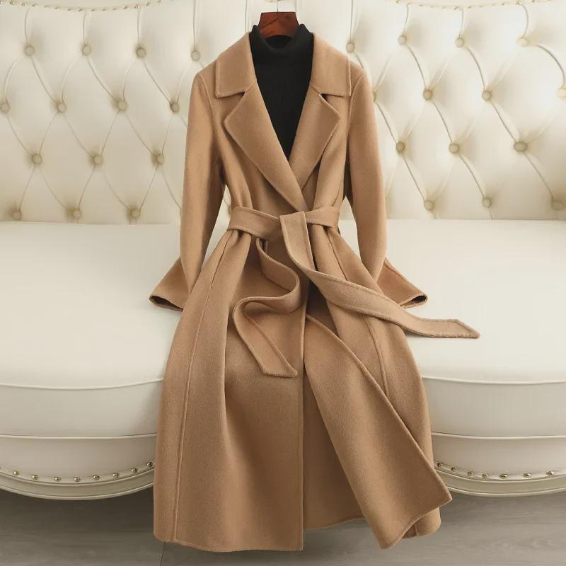 Women's Double-Faced Cashmere Coat: Mid-Length, Over-Knee, Slim Fit, Straight Shoulder, 2024 Autumn/Winter New Style.