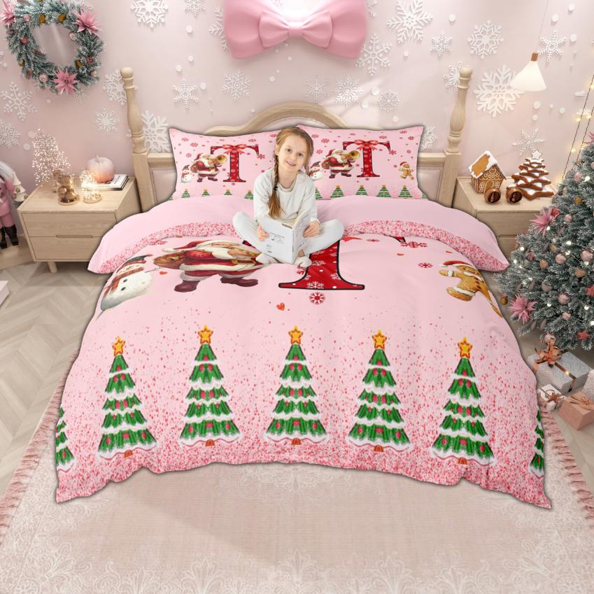 Homewish Xmas Monogrammed Duvet Cover Set For Boys Girls Christmas Santa Claus Bedding Set Girls Pink Snowflakes Quilt Cover