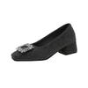 Block Heel Single Shoes Women's Square Toe Suede Crystal Buckle Anti-slip Wear-resistant Kitten Heels