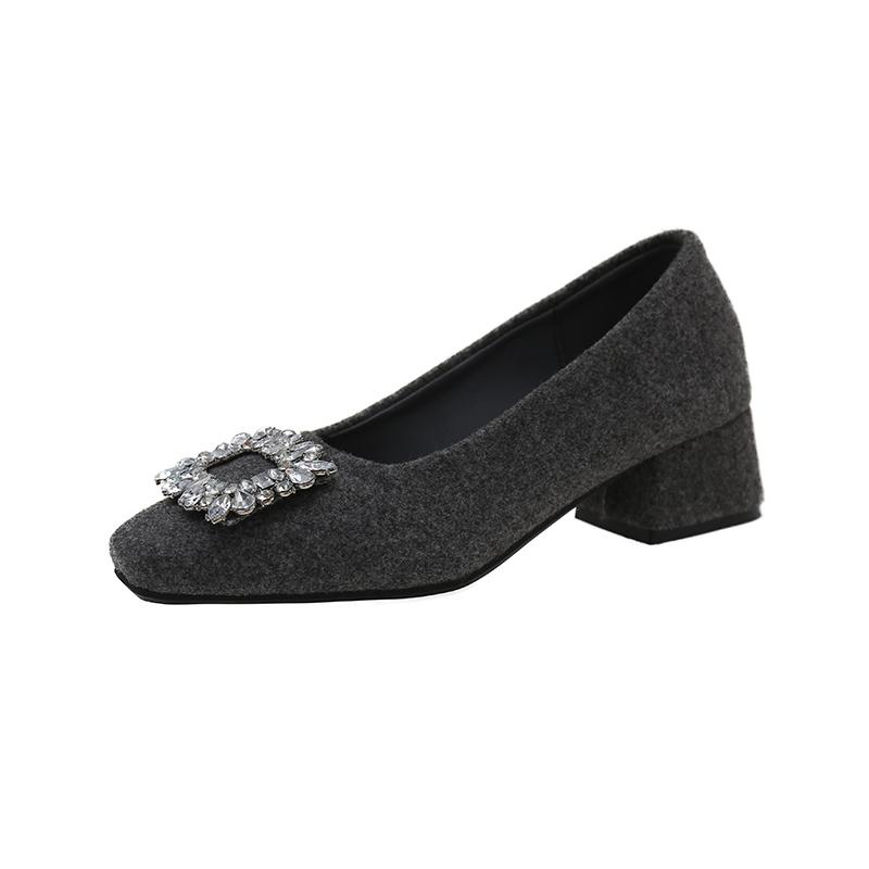 Block Heel Single Shoes Women's Square Toe Suede Crystal Buckle Anti-slip Wear-resistant Kitten Heels