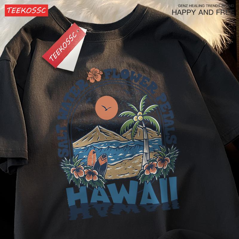 Salt Water Flower Petals Hawaii Clothes Men Women Harajuku Summer Tshirt Cartoon Cotton T-Shirt Fashion Breathable Couple Tops
