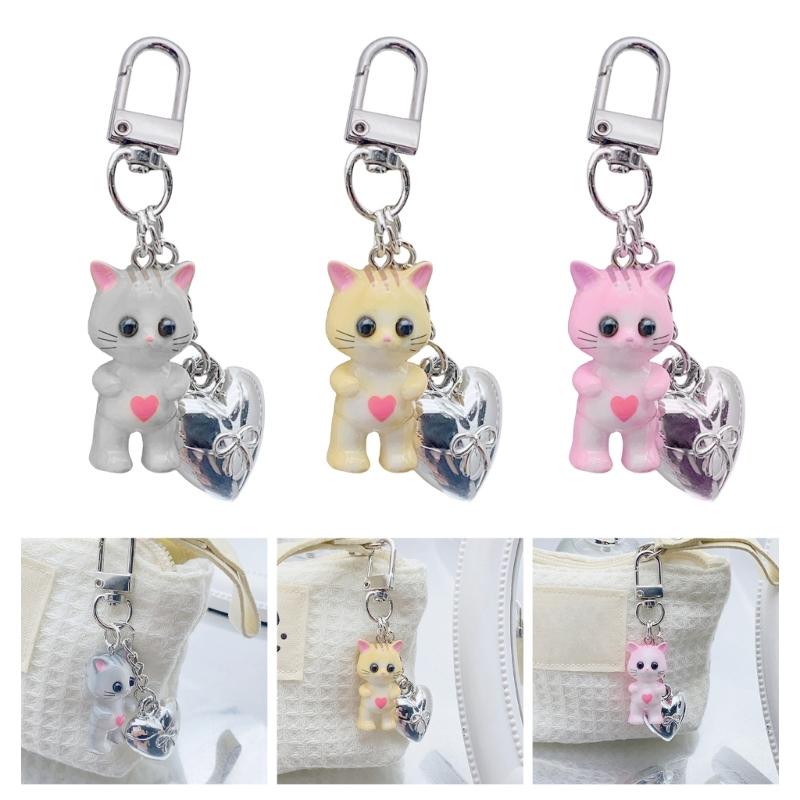 Sweet Cartoon Cat Heart Keychain Pendant Lovely Hangings Decorations Keyring Charm for Purse Bag Backpack Handbag