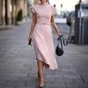 Lady Dress Solid Color Short Sleeve Half High Collar Tight Waist Oblique Hem Office Dress Female Clothes
