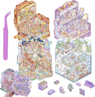 Set of 4 Large DIY 3D House Sticker Reusable Cartoon Scene Cute Miniature Room Stickers for Adults and Kids To Relieve Stress Pints,