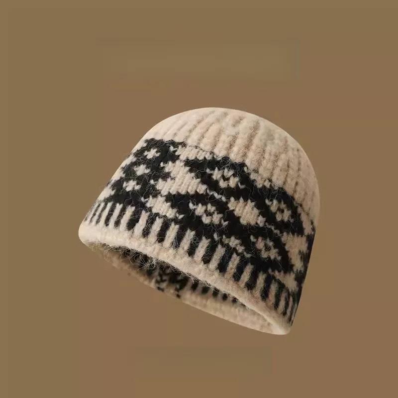 New Niche Design Sense Color Matching Rhombus Grid Knitted Bucket Hat Women's Autumn and Winter Wool Hat Warm Hat