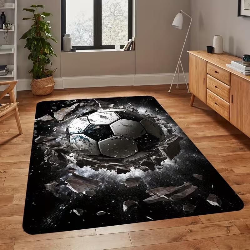 Stylish 2D Broken Wall Soccer Ball Print Non Slip Area Rug Comfortable Modern Football Fans Carpet for Living Room Game Room