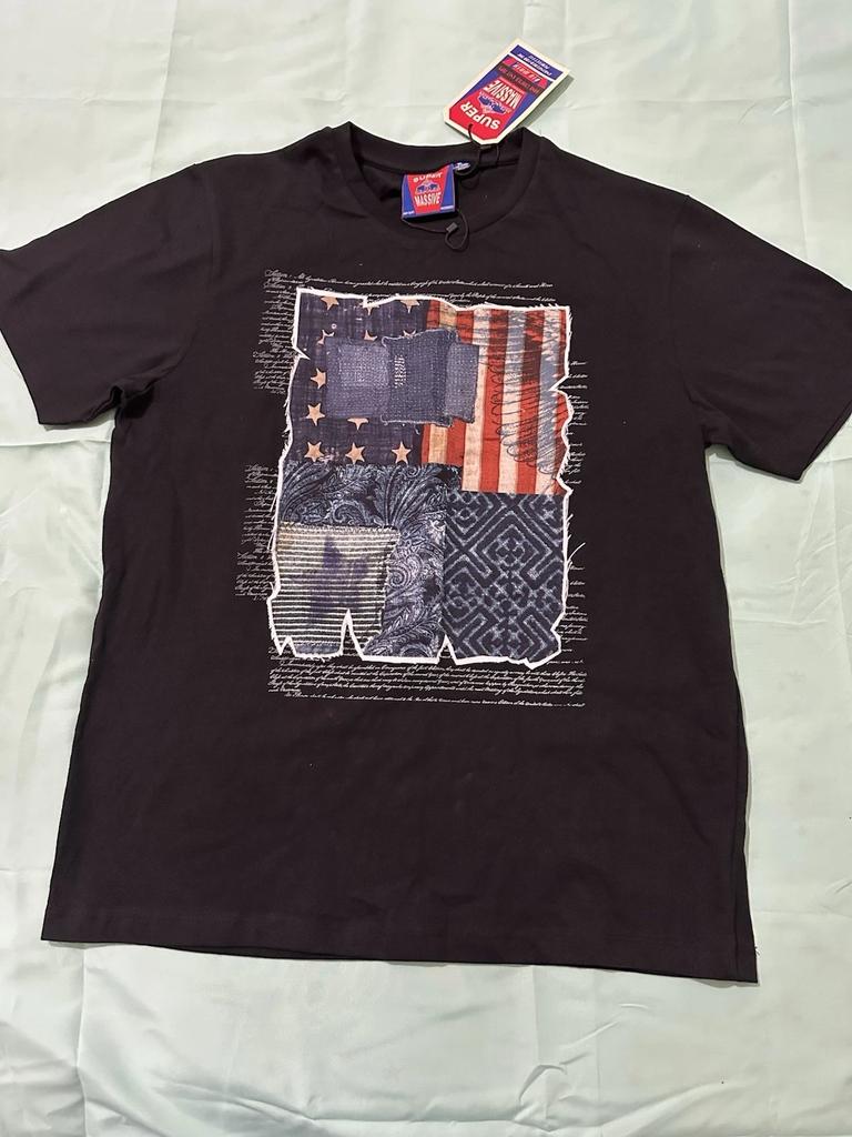 Distress Patchwork Style Graphic Print Resemble The Us Flag Black T-shirt