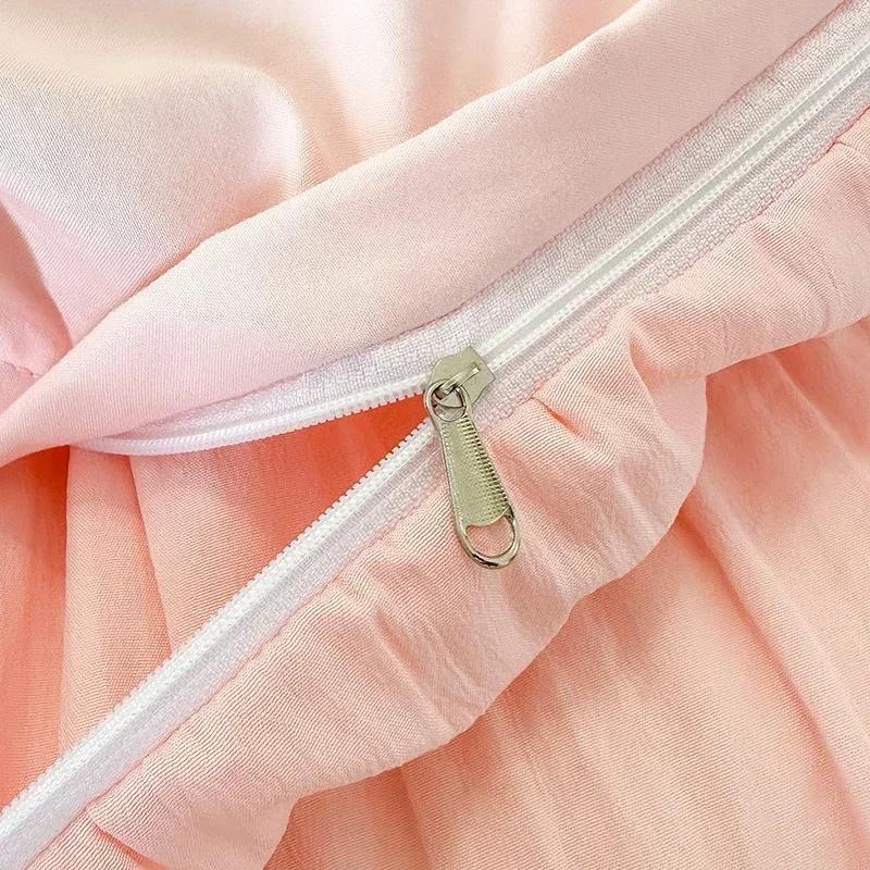 French Embroidered Lace Bubble Gauze Bedding Set Pink Elegant Princess Style Queen Duvet Cover Set Ruffled Comforter Cover Sets