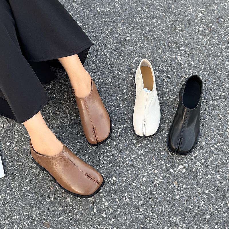 Johnature Düz Renk Hakiki Deri Topuklu İngiliz Tarzı Ayrık Toe Çok Yönlü Alçak Topuk Kadın Ayakkabı