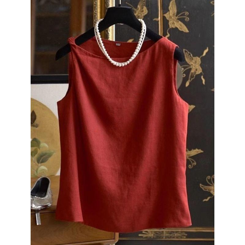 

Взгляд на ключевой плечевой изгиб, одно слово, лодочка, красный лен, без рукавов, жилетные топы Red S